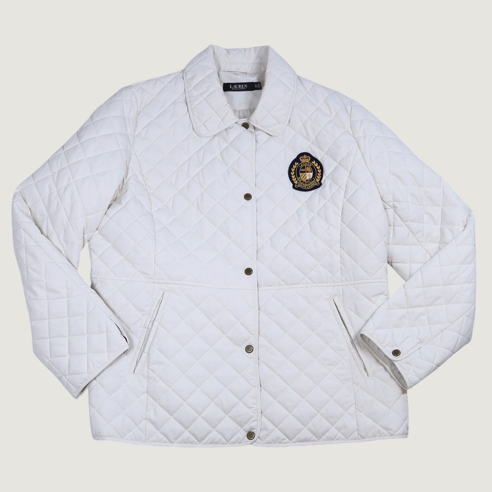 Lauren Ralph Lauren Quilted Jacket Women XL White Crest Patch Diamond Puffer
